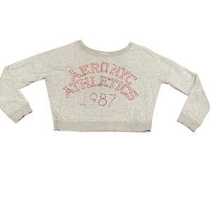 Aeropostale Cropped Long Sleeve Sweatshirt Gray With Metallic Pink Letters Med